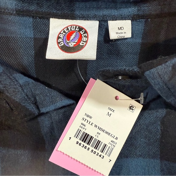 Grateful Dead Blue Plaid Flannel Shirt Skeleton Roses Graphic Womens Medium NWT - Picture 14 of 16